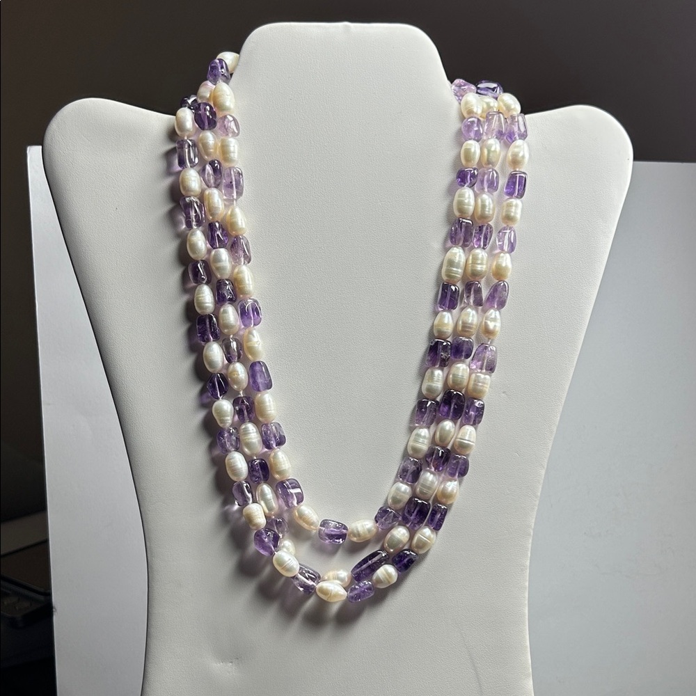 Triple strand freshwater pearl with amethyst bead necklace